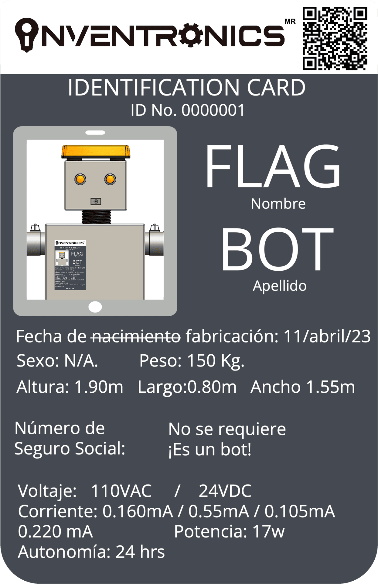 Credencial de identificación del FLAGBOT: no requiere seguro social, es un bot