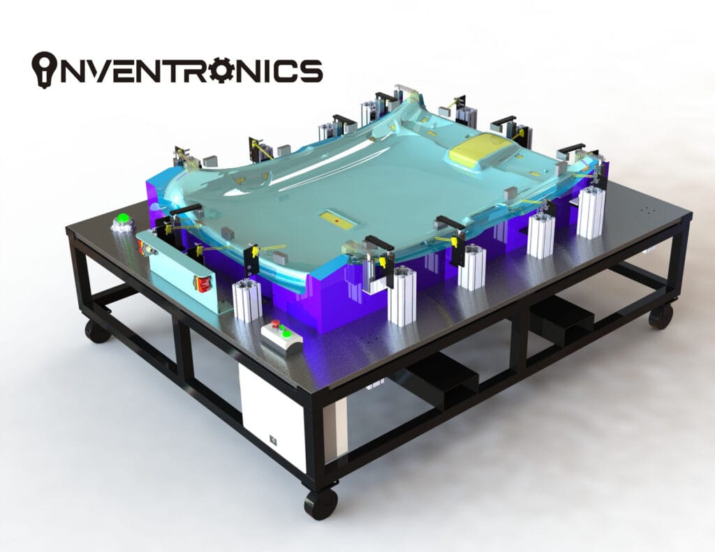 Diseño CAD 3D del poka-yoke de verificación de sunroof, idéntico al equipo fabricado