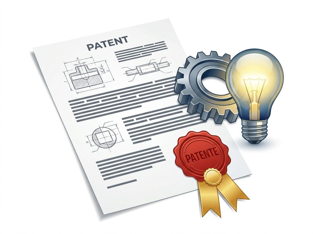 valuación de patentes y propiedad intelectual - documento de patente con sello, engrane y foco